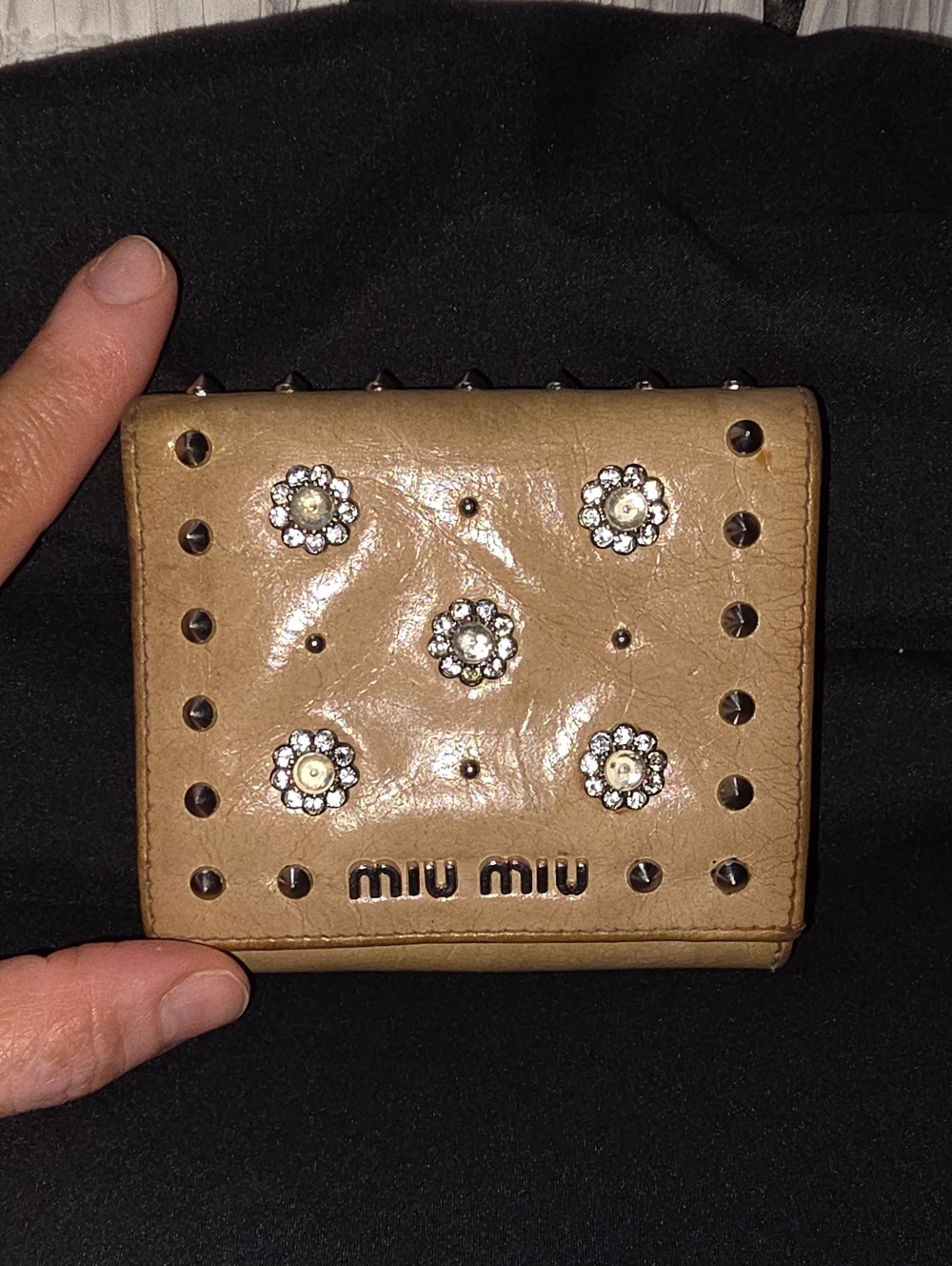 Miu Miu Beige Crystal Flower Studded Leather Wallet